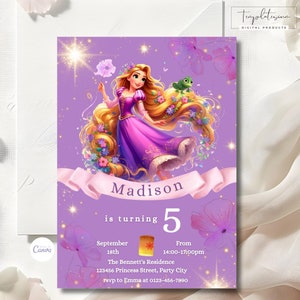 Invitation d'anniversaire modifiable Raiponce, invitation d'anniversaire emmêlée, fille d'anniversaire magique, invitation de princesse, modèle de fête emmêlé, téléchargement numérique