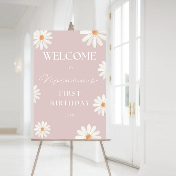 Editable Retro Daisy First Birthday Party Welcome Sign, Daisy 1st Birthday Photo Sign, Floral Digital Party Decor, Daisy Birthday Banners