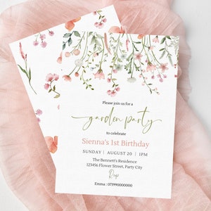 Editable Floral 1st Birthday Invite, Wildflower Birthday Party Invitation Template, Garden Party Birthday, Girls Birthday Flower Invitation