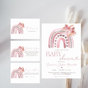 Editable Boho Rainbow Baby Shower Invitation Bundle Pink Pampas Grass Boho Rainbow Shower Set Carte Modèle imprimable Carte Téléchargement instantané