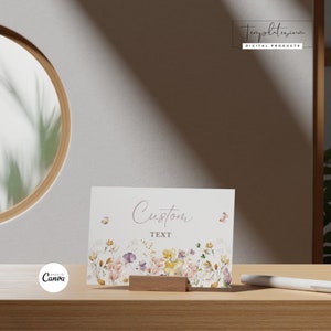 Plantilla de tarjeta de lugar editable Tarjetas de lugar planas y de tienda Decoración de fiesta Plantillas de tarjetas de flores silvestres Tarjetas de lugar Decoración personalizable Flores silvestres 01