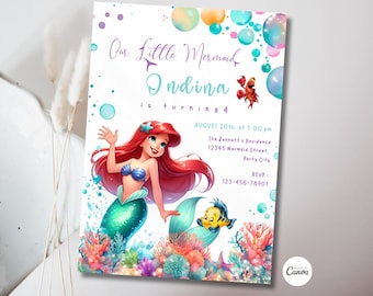 May include: A printable invitation for a little mermaid themed birthday party. The invitation features a cartoon image of Ariel, the little mermaid, with a purple, blue, and green color scheme. The text on the invitation reads "Our Little Mermaid Indina is turning 4. August 20th at 1:00 pm. The Bennett's Residence 12345 Mermaid Street. Party City. RSVP: 123-456-78901."