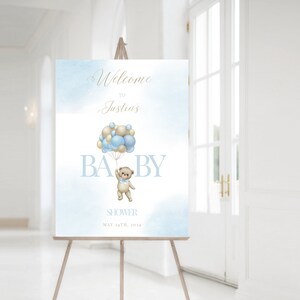 Cartello di benvenuto per baby shower con palloncini orsacchiotto modificabile, cartello di benvenuto per palloncini blu ragazzo, cartello di benvenuto per poster per baby shower stampabile a tema orsetto