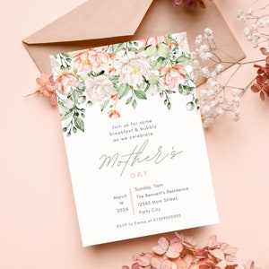 Invitación editable para el Día de la Madre con diseño floral en rosa ruborizado, invitación para brunch del Día de la Madre, plantilla de descarga instantánea para celebración del Día de la Madre