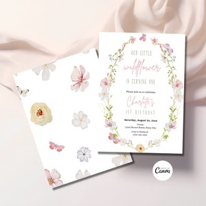 Editable Wildflower 1st Birthday Party Invitation Template, Wildflower Invitation, Meadow Flowers, Girl Pink First Birthday Flowers Invite