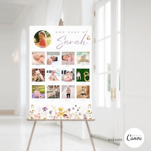 Modèle d'affiche photo floral modifiable d'un an pour 1er anniversaire moderne, collage de photos pour fille florale, 1ère année, tableau imprimable Wildflower 01