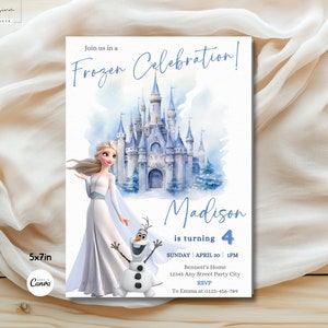 Bewerkbare Elsa Invite digitale Frozen feestuitnodiging Custom Frozen uitnodiging verjaardag Olaf Frozen Castle elke leeftijd verjaardag digitaal downloaden