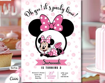 Redigerbar Minnie Mouse födelsedagsinbjudan, rosa rosettinbjudan, digital canvainbjudan, Minnie-fest, Minnie-temainbjudan, rosa Minnie Mouse-canva