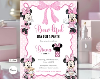 Pink Minnie Mouse Birthday Invitation, Watercolor Girl 1st Birthday Invite, Printable Invite, Editable Minnie Birthday Bow Invite Digital