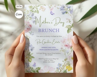 Invitación al brunch del Día de la Madre con corona floral rosa personalizada y flores silvestres, descarga digital de la plantilla Canva.
