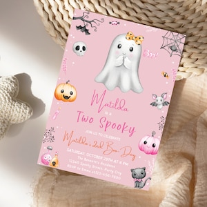 Editable Two Spooky Halloween Ghost 2nd Birthday Party Invitation Spooktacular 2nd Birthday Cute Pink Ghost 2nd Birthday Instant Download