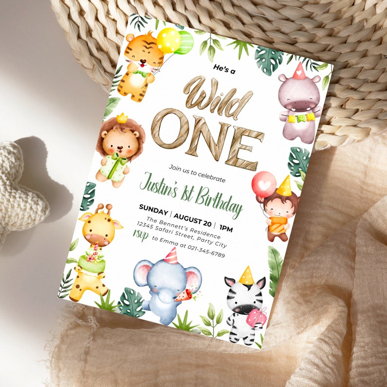 Editable Safari Birthday Invitation, Wild One Boy Invite, Jungle