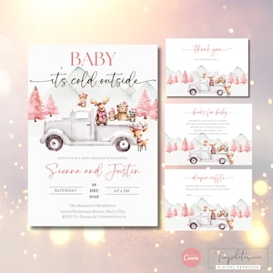 Puede incluir: Un juego de invitaciones para baby shower con temática invernal. La invitación principal presenta una camioneta blanca que transporta criaturas del bosque, con el texto "Baby it's cold outside". Incluye tarjetas adicionales.