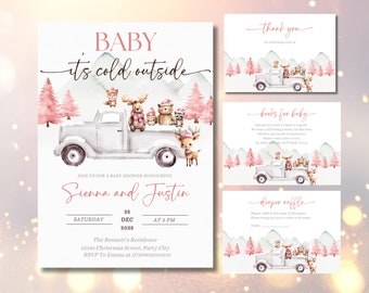 Op de afbeelding: Een uitnodigingsset voor een babyshower met een winterthema. De hoofduitnodiging toont een witte vrachtwagen met bosdieren, met de tekst "Baby it's cold outside". Extra kaarten zijn onder meer bedankt, boeken voor baby en luierloterij.