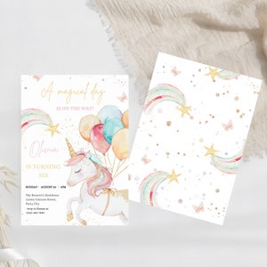 May include: A white unicorn with a rainbow mane and tail is holding balloons. The unicorn is on a white background with gold glitter. The text "A magical day is on the way!" is at the top of the image. The text "Olivia is turning six" is below the unicorn. The text "Sunday August 20 1PM" is at the bottom of the image.