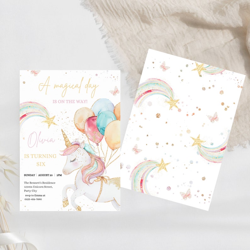 May include: A white unicorn with a rainbow mane and tail is holding balloons. The unicorn is on a white background with gold glitter. The text "A magical day is on the way!" is at the top of the image. The text "Olivia is turning six" is below the unicorn. The text "Sunday August 20 1PM" is at the bottom of the image.