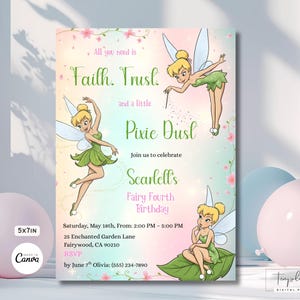 Invitación de cumpleaños de Campanilla, invitación para fiesta de hadas y polvo de hadas, plantilla personalizada de Canva, descarga digital imprimible.