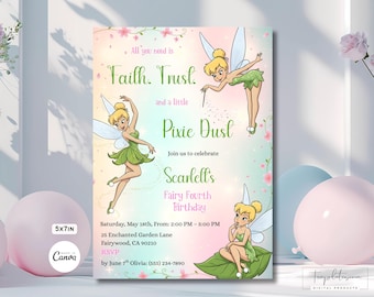 Invitación de cumpleaños de Campanilla, invitación para fiesta de hadas y polvo de hadas, plantilla personalizada de Canva, descarga digital imprimible.