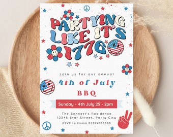 Bewerkbare 4 juli BBQ-feestuitnodiging Retro Groovy Party in de VS uitnodigen rood wit en Groovy BBQ-feestsjabloon Instant Download