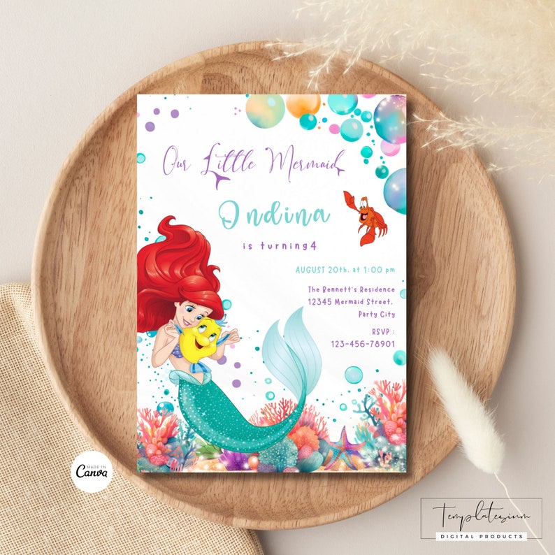 May include: A printable invitation for a little mermaid themed birthday party. The invitation features a cartoon image of Ariel from The Little Mermaid, holding a yellow Flounder. The invitation is decorated with colourful bubbles and coral. The text on the invitation reads "Our Little Mermaid Ondina is turning 4, August 20th at 1:00 pm, The Bennett's Residence, 12345 Mermaid Street, Party City, RSVP: 123-456-78901".