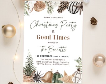 May include: A Christmas party invitation with watercolor illustrations of pine cones, ornaments, and greenery. The invitation reads "Christmas Party & Good Times" hosted by The Bennetts, with date, time, and RSVP information.