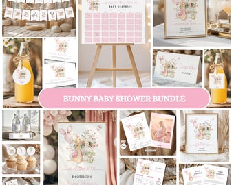 Paquete de baby shower de Peter Rabbit rosa, decoraciones para fiesta de jardín de niña, paquete digital Canva completo