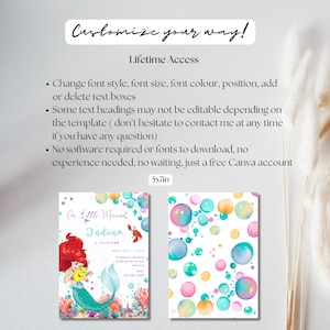 May include: A printable invitation for a little mermaid themed birthday party. The invitation features a cartoon image of Ariel from The Little Mermaid, a mermaid tail, and a seashell. The background is a watercolour design of bubbles in shades of pink, blue, and yellow. The text on the invitation reads "Our Little Mermaid Ondina is turning 4".