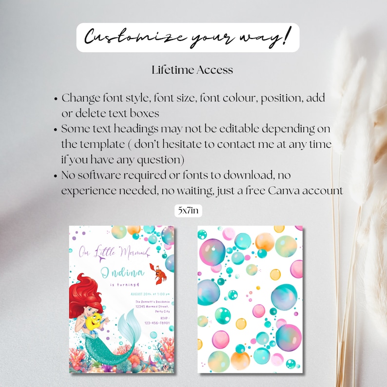 May include: A printable invitation for a little mermaid themed birthday party. The invitation features a cartoon image of Ariel from The Little Mermaid, a mermaid tail, and a seashell. The background is a watercolour design of bubbles in shades of pink, blue, and yellow. The text on the invitation reads "Our Little Mermaid Ondina is turning 4".