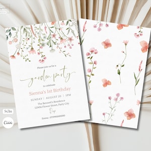 Editable Floral 1st Birthday Invite, Wildflower Birthday Party Invitation Template, Garden Party Birthday, Girls Birthday Flower Invitation