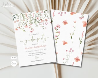 Editable Floral 1st Birthday Invite, Wildflower Birthday Party Invitation Template, Garden Party Birthday, Girls Birthday Flower Invitation