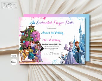 Invitación de cumpleaños doble con temática de Frozen para fiesta conjunta Encanto - Plantilla personalizada de Canva - Descarga digital imprimible