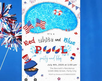 4 juillet modifiable Pool Party Invitation - Invitation fête barbecue d'été du 4 juillet - Invitation fête de l'indépendance - téléchargement immédiat