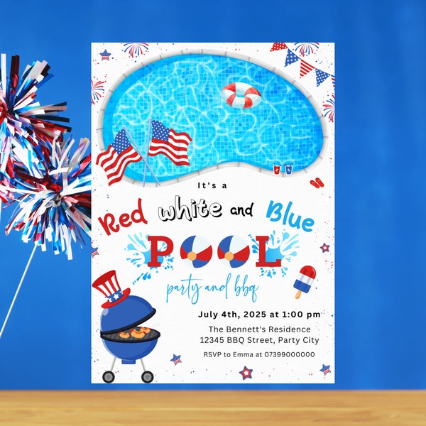 Editable 4th Of July Pool Party Invitation -Fourth of July Summer BBQ Party Invitation - Independence Day Invitation - Instant Download