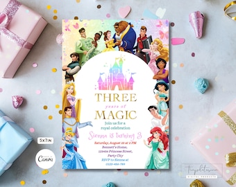 May include: A colorful invitation card featuring Disney characters, with the text "THREE years of MAGIC". The invitation is for a royal celebration, with details including the date, time, and location. The card is 5x7 inches.