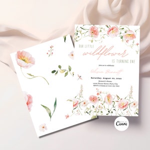 Floral 1st Birthday Pink Invite Wildflower Birthday Party Invitation Template Editable Garden Party Birthday Girls Birthday Flower Invite