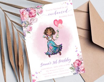 Invitación de cumpleaños EDITABLE de Encanto Mirabel, plantilla de invitación de cumpleaños de Encanto, invitación floral de fiesta de cumpleaños de niña, descarga instantánea