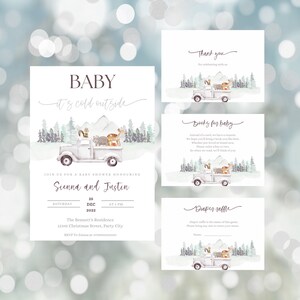 Faire-part de baby shower modifiable hiver bois, carte extérieur bébé il fait froid, lot d'invitations animaux de la forêt camion hiver non sexiste