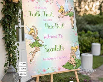 Letrero de bienvenida de cumpleaños de Campanilla, decoración de fiesta de hadas y polvo de hadas, plantilla personalizada de Canva para descarga digital