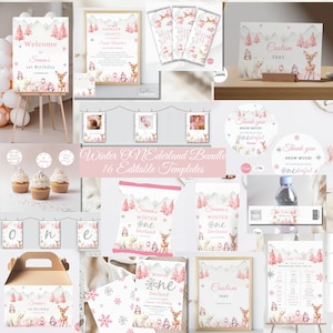 Pacchetto primo compleanno Winter Onerderland, invito per il primo compleanno invernale per bambine, pacchetto modificabile Orso polare Animali artici Foresta boschiva digitale