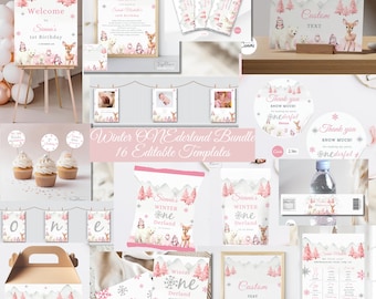 May include: A set of 16 printable winter wonderland party templates featuring a pink and white color scheme with a woodland animal theme. The templates include a welcome sign, cupcake toppers, a banner, a favor box, a water bottle label, a treat bag, a time capsule, a thank you tag, and more. The text on the templates says "Winter ONEderland Bundle" and "Sienna's 1st Birthday".
