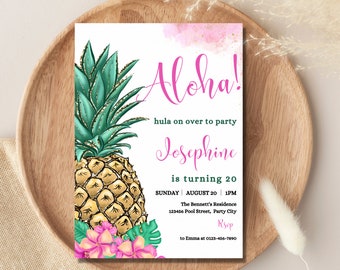 Editable Aloha Birthday Invitation Pineapple Birthday Party Hawaiian Birthday Template Tropical Birthday Invite Instant Download