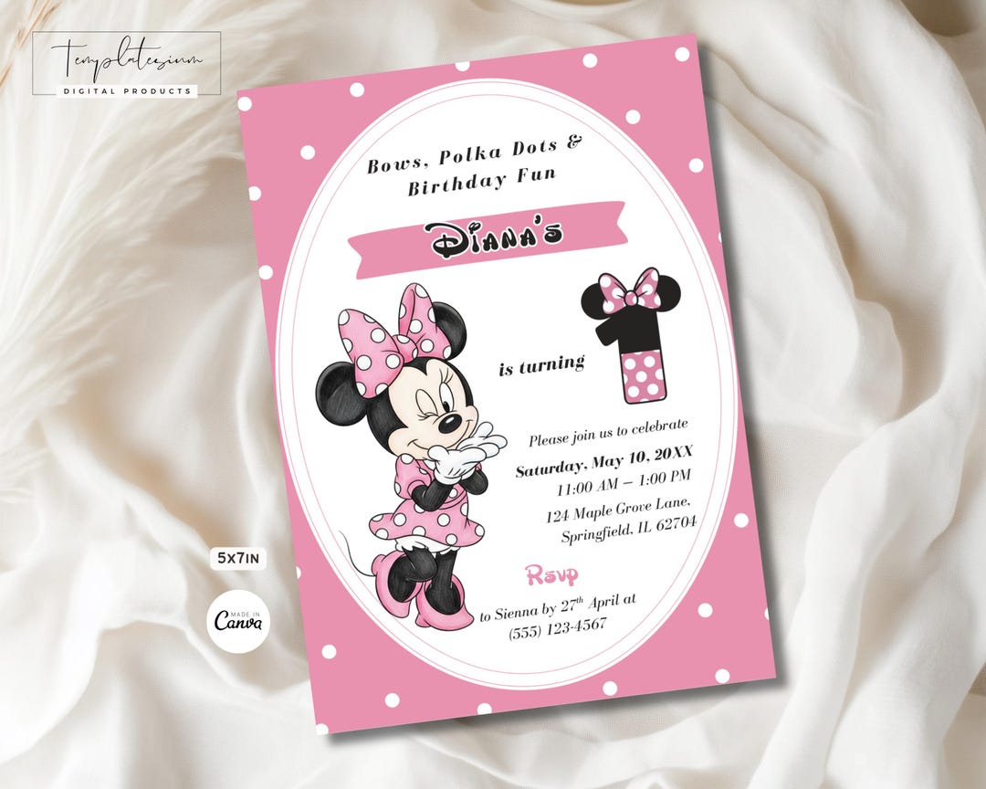 Pink Minnie Mouse Birthday Invitation, Watercolor Girls Birthday Invite ...