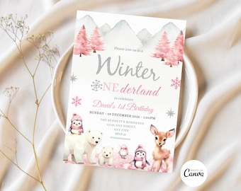 Editable Winter Onederland Invitation, Wonderland Girl 1st Birthday Invite, Polar Bear Pink Arctic Animals, Woodland Forest Template Invite