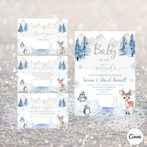 Bewerkbare Winter Wonderland Baby Douche Bundel, Jongen Baby Het is koud buiten uitnodigen, Blauwe Artic Dieren Bos, Winter Bos Dieren Bundel