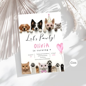 Editable Dog And Cat Birthday Party Invitation Pawty Birthday Party Girl Invite Animal Invite Dog Birthday Cat Birthday Instant Download