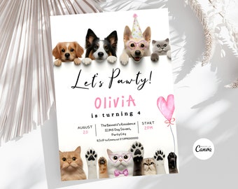 Redigerbar hund- och kattfödelsedagsfestinbjudan Pawty-födelsedagsfestflickainbjudan djurinbjudan hundfödelsedag kattfödelsedag direktnedladdning