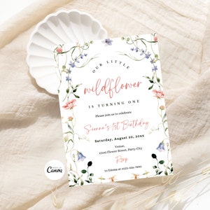 Editable Wildflower 1st Birthday Party Invitation Template, Wildflower Invitation, Meadow Flowers, Girl Pink First Birthday Flowers Invite