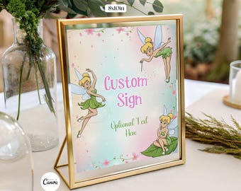 Letrero de mesa personalizado de Campanilla para decoración de fiestas de cumpleaños de hadas. Plantilla de Canva para descarga digital. Estación de señalización.