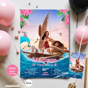 Invito di compleanno Moana stampabile Etichetta regalo personalizzata gratuita Invito Moana Tema spiaggia Moana Modello digitale per festa Moana Invito per festa Moana
