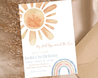 First Trip Around the Sun Birthday Invite, Editable Sunshine 1st Birthday Boy Template Card, Boho Sun Birthday Invite Instant Download Sun01